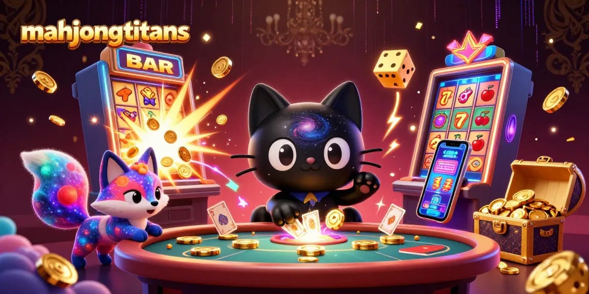 Engage with mahjongtitans in a vibrant cosmic casino with characters and dynamic gaming elements.