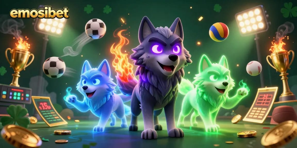 Bet and win with emosibet, showcasing a fantasy scene with glowing wolves and dynamic sports elements.
