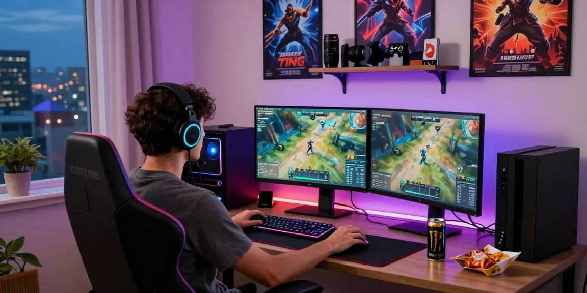 Engaged gamer immersed in cika4d gameplay with dual monitors and vibrant RGB lighting.