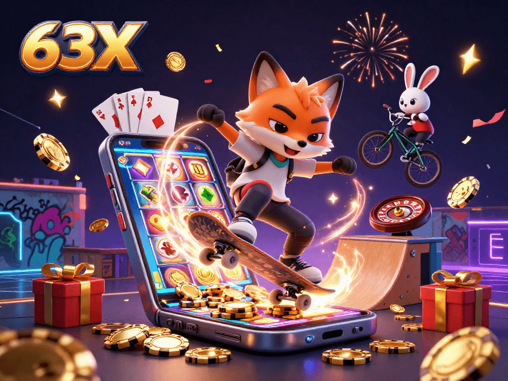 O jogo 63X envolve diversão, com um raposo skatista e um coelho BMX em cenas dinâmicas de cassino.