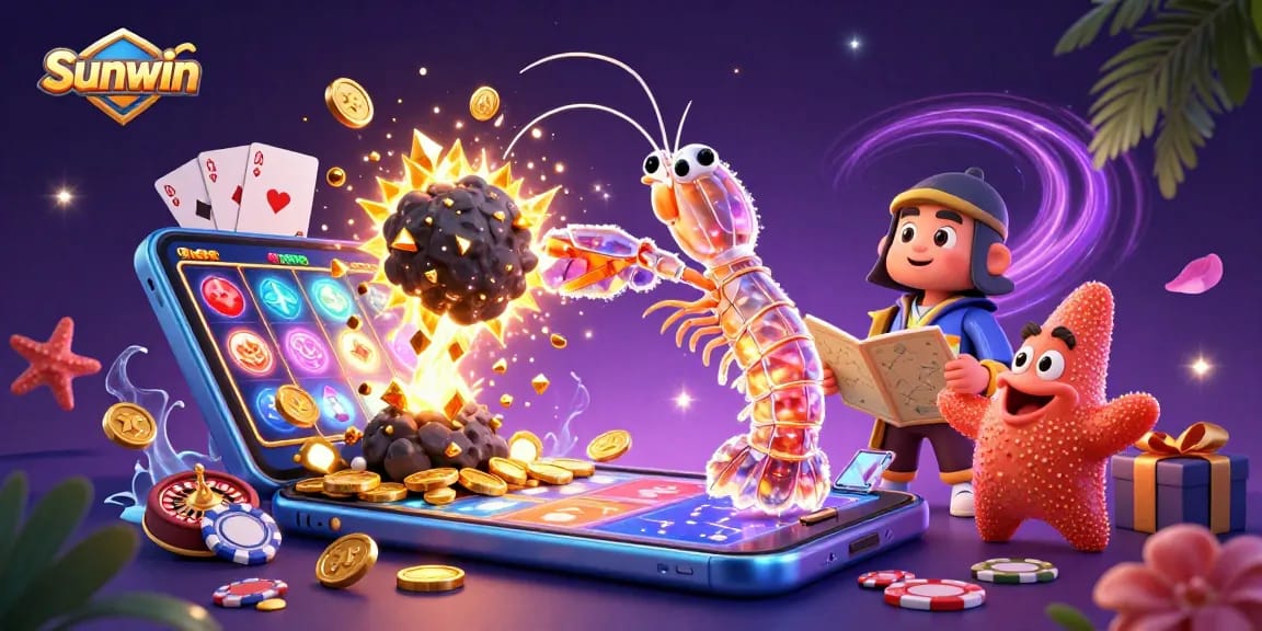 Sunwin showcases vibrant slot gameplay with a galactic mantis shrimp and starfish, highlighting excitement.