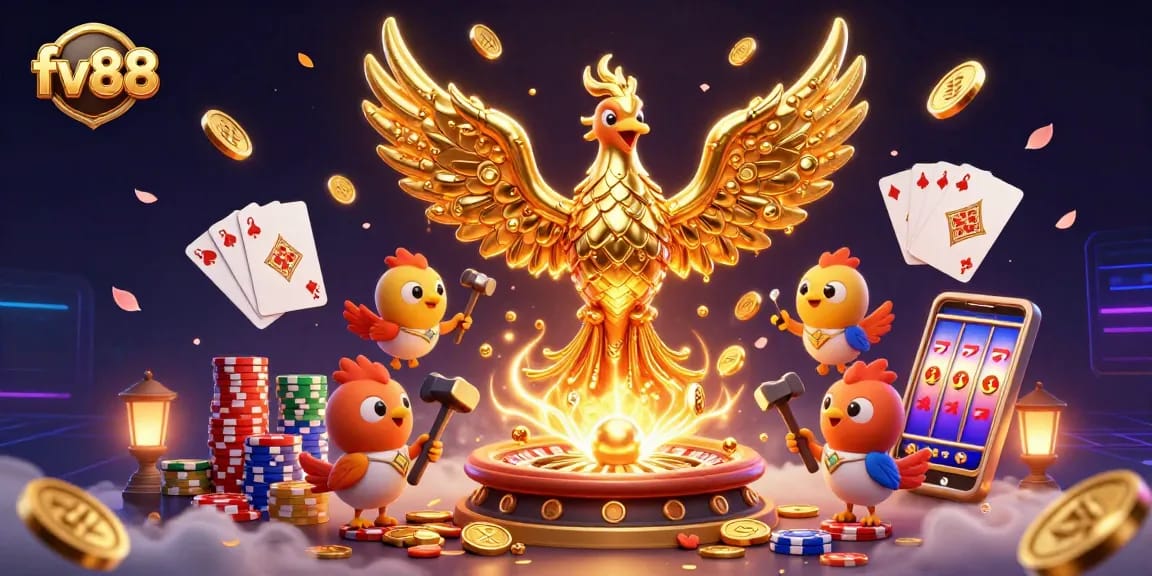 Experience thrilling wins at fv88 with a 3D golden phoenix and cascading coins in a vibrant casino scene.