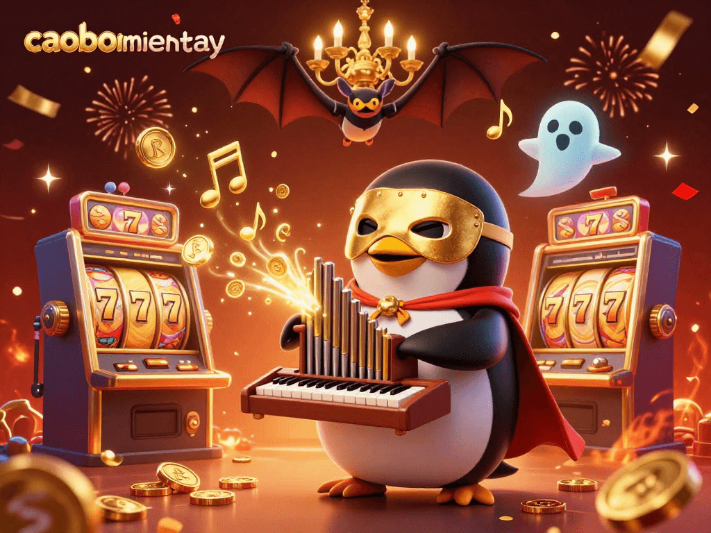 Win big in caoboimientay as a phantom penguin plays for jackpots amidst golden coins and festive confetti.