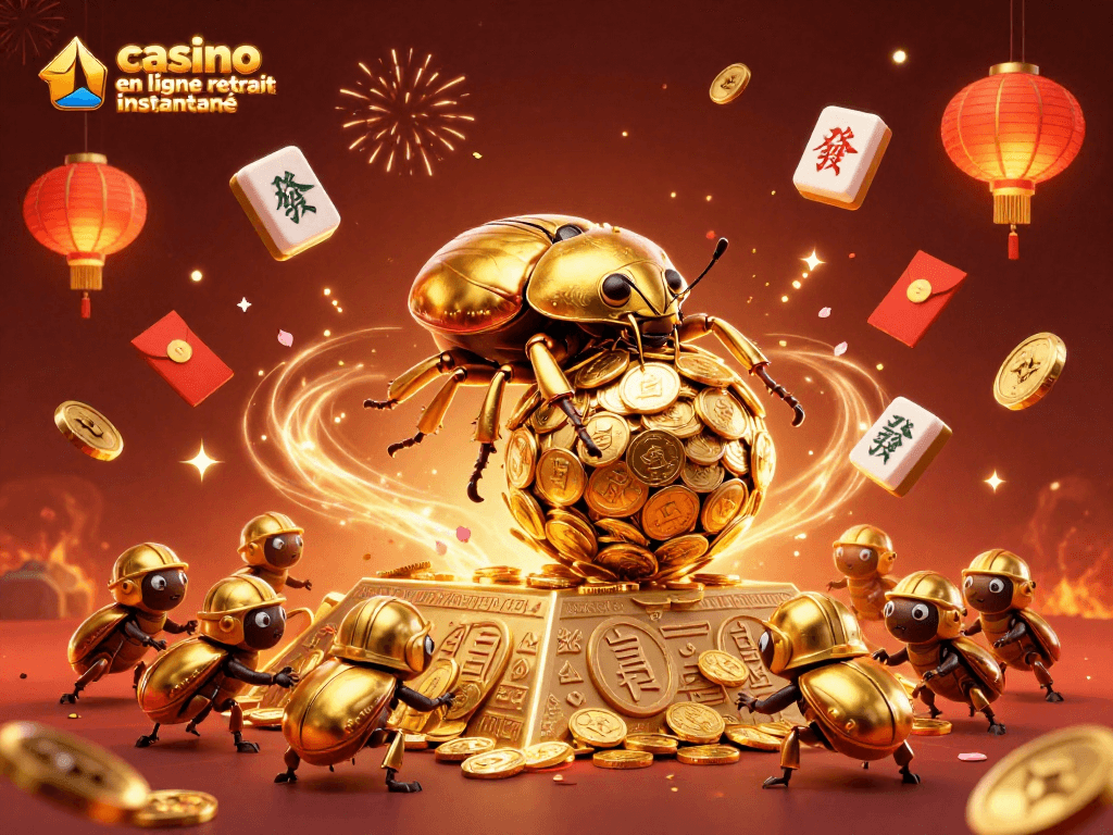 Profitez d'un casino en ligne retrait instantané avec une scène remplie de symboles de chance et d'énergie festive.