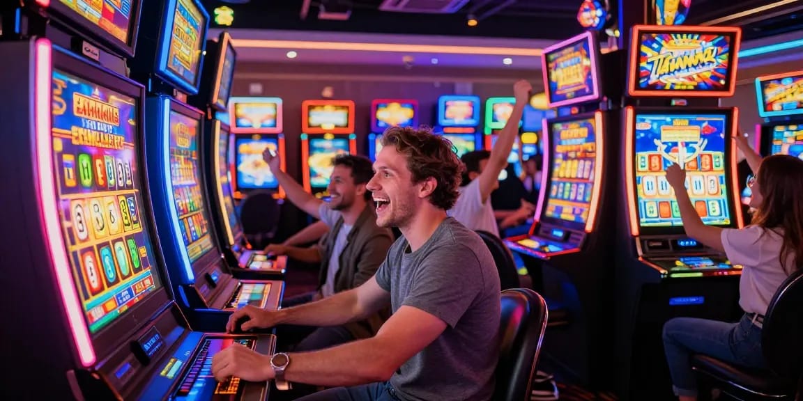 Player enjoying exciting เกมสล็อต experience at a vibrant casino gaming floor.