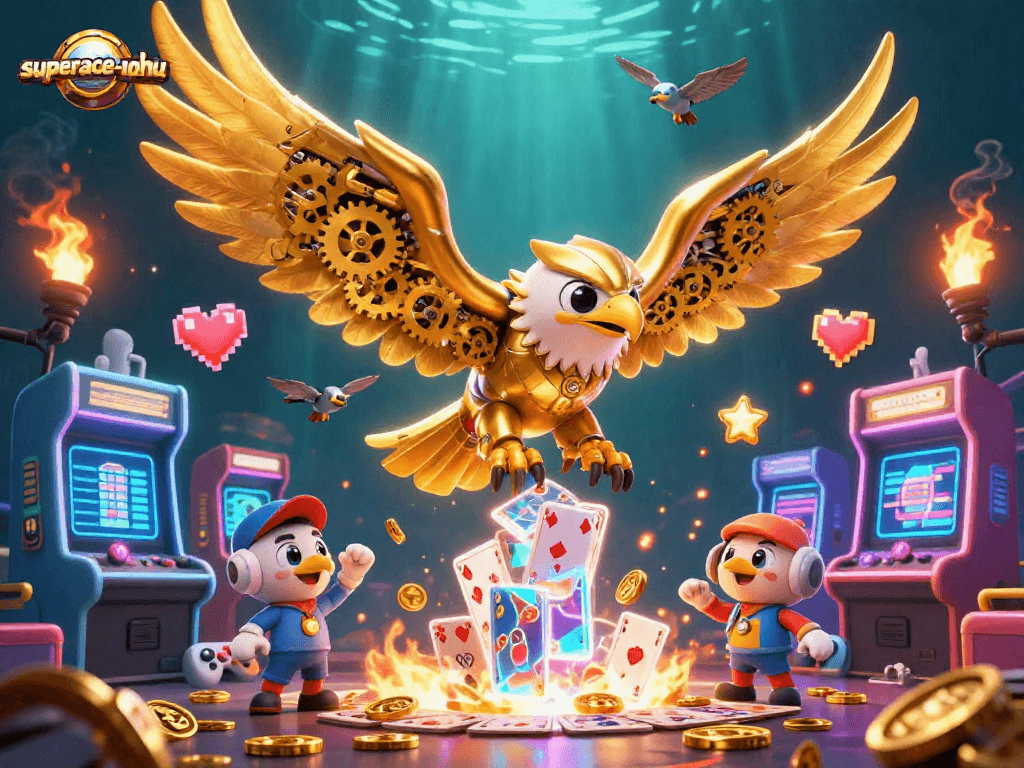 Experience thrilling action with the superace-nohu eagle amid glowing arcade games and holographic cards.