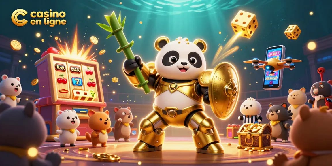 Jouez dans un casino en ligne où un panda doré et un robot s'affrontent dans une scène colorée.