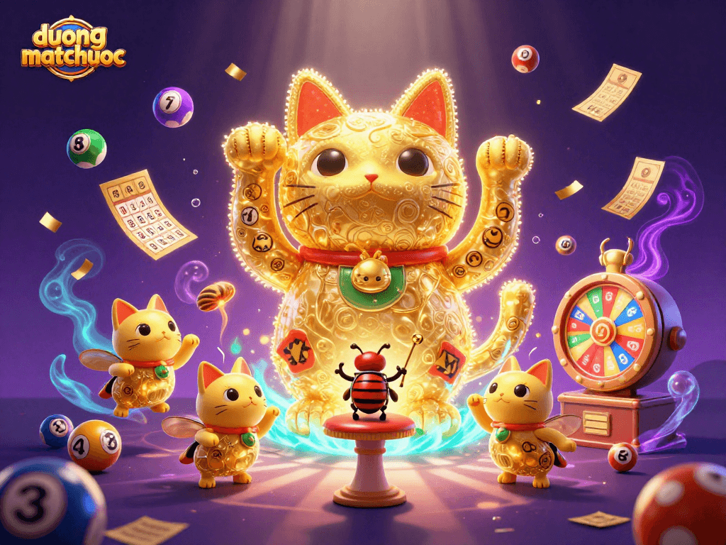Experience the thrill of duongmatchuoc with a lucky cat made of fireflies in a vibrant casino scene.
