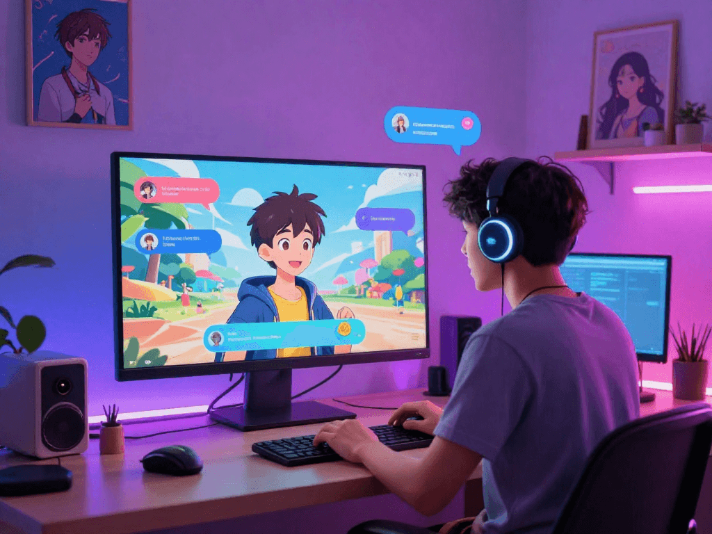 Engaging character in an AI hentai chat, vibrant digital art scene with interactive elements.