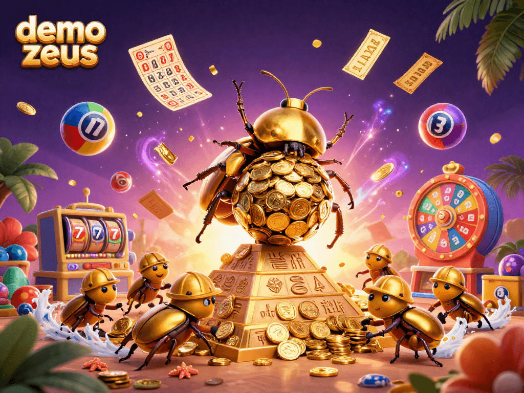 Demo zeus memicu aksi slot menarik dengan bola lotere berwarna-warni di sekitar karakter.