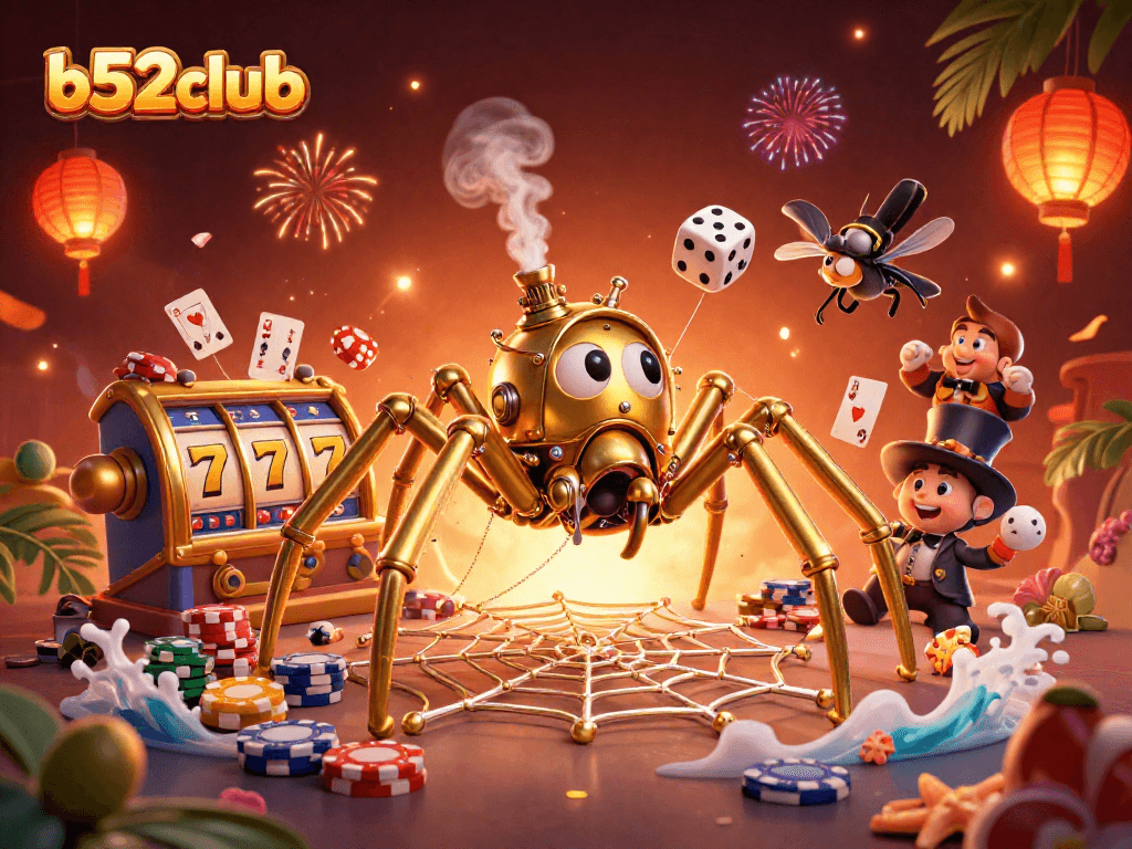 Experience thrilling luck with b52club's steampunk spider and festive casino vibes in dynamic play.