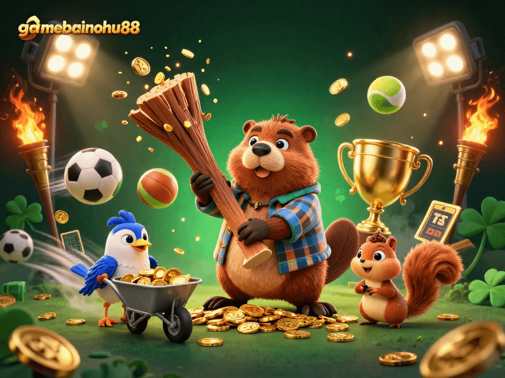 Engage with gamebainohu88, where a lumberjack beaver collects coins in an exciting gambling scene!