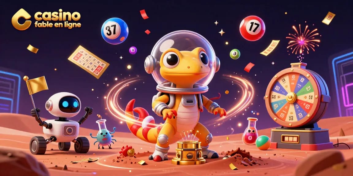 Casino fiable en ligne : un gecko martien découvrant un casino doré avec des ballons de loterie en fête.
