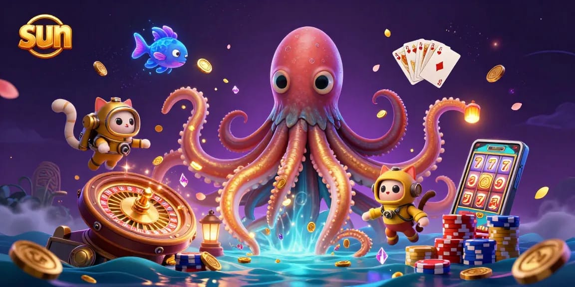 Sun-inspired cartoon kraken and diving cat amidst casino treasures and games.