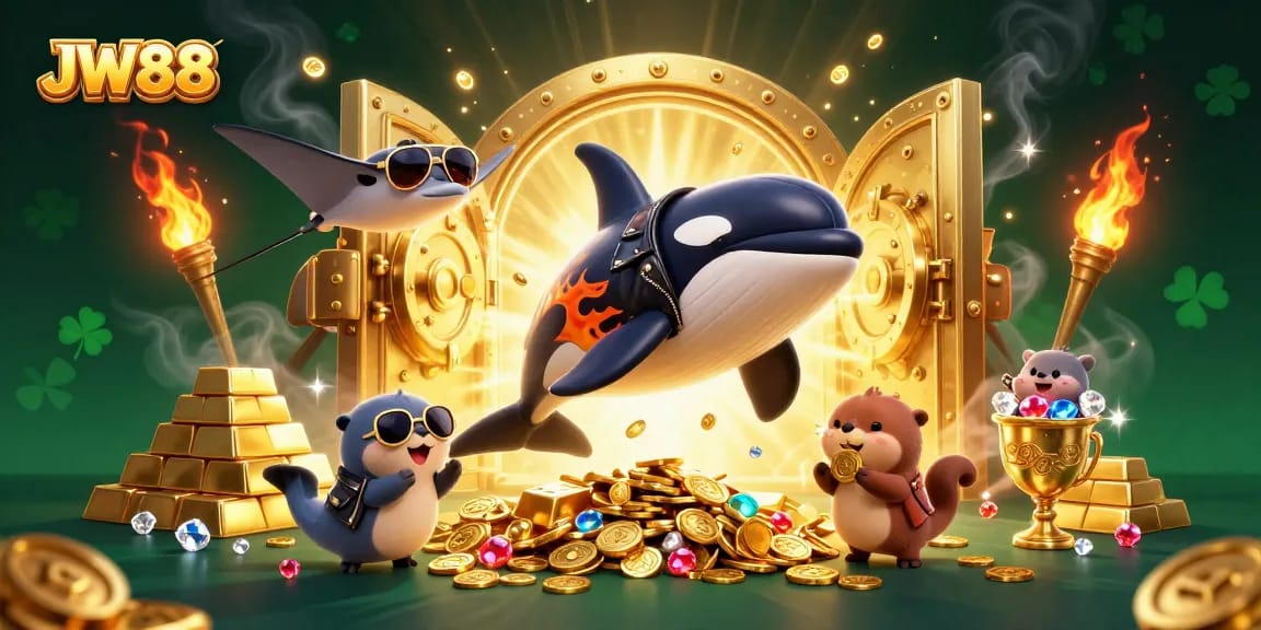 JW88 players diving into excitement with an orca, stingray, and otters, surrounded by treasures