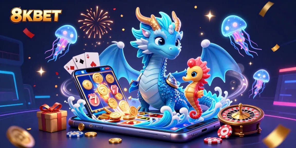Engage with 8KBET's vibrant slots universe, featuring a dragon, seahorse knight, and colorful gaming elements.