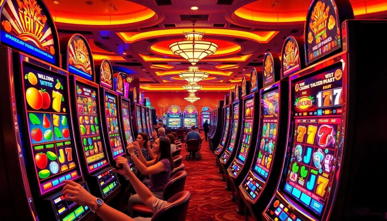 Engaging scene of slot gambling with vibrant machines and excited players in a casino.