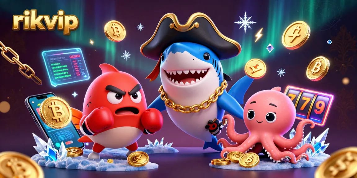 Play rikvip with exciting characters like a pirate shark, vivid coins, and a slot machine.