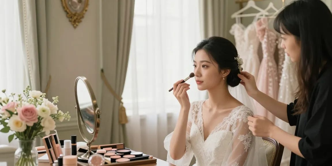 Trucco sposa: sposa che si prepara con make-up luminoso e accessori eleganti.
