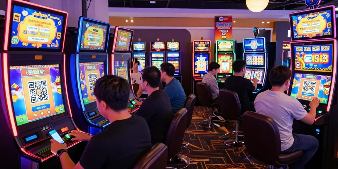 Players enjoying dynamic slot machines with slot depo qris deposit options in a lively online casino environment.