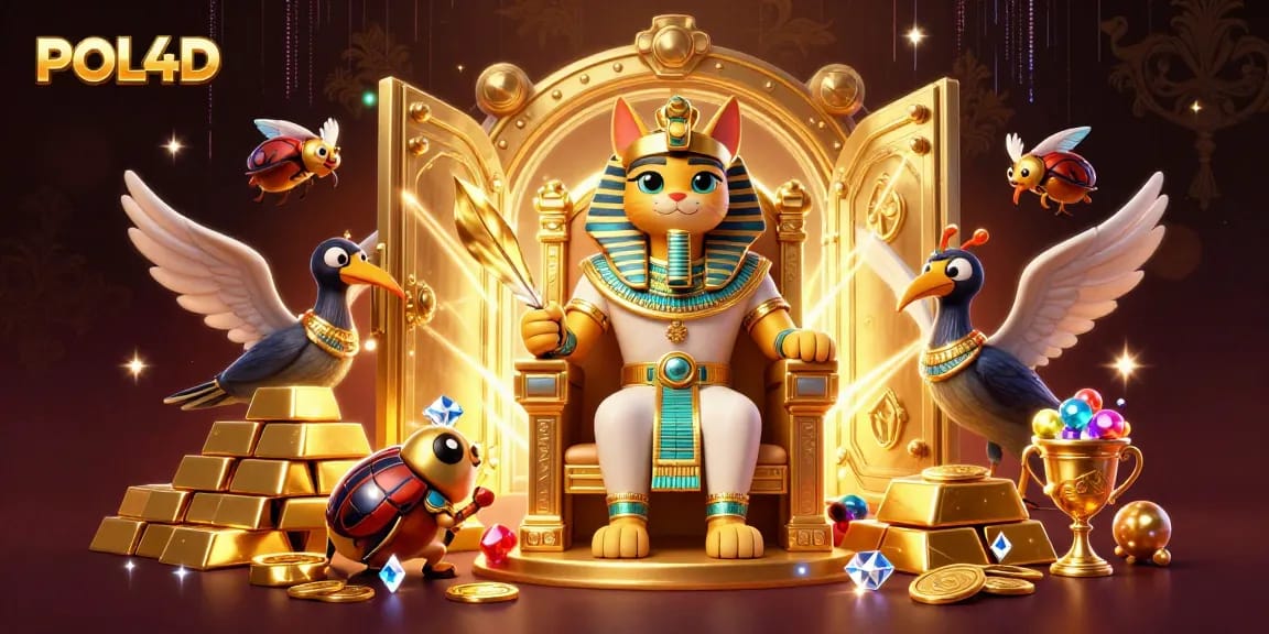 POL4D menghadirkan suasana megah dengan kucing firaun dan harta karun dalam ilustrasi 3D.