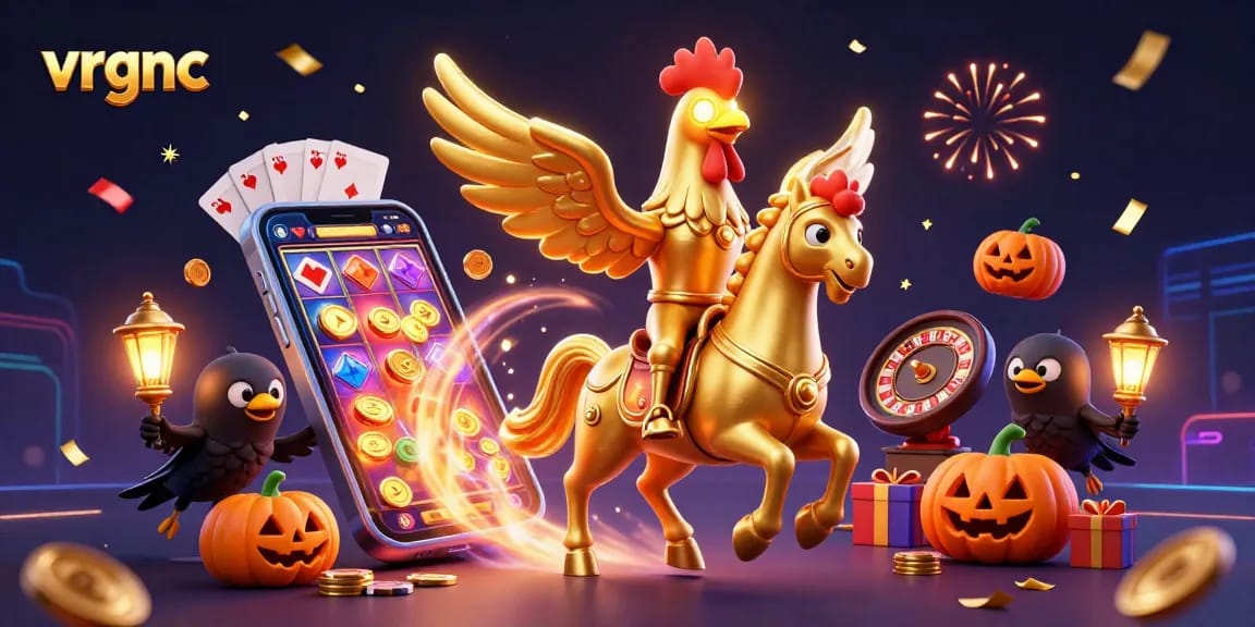 Experience thrilling slot action with vrgnc's vibrant golden rooster and companions in a casino.