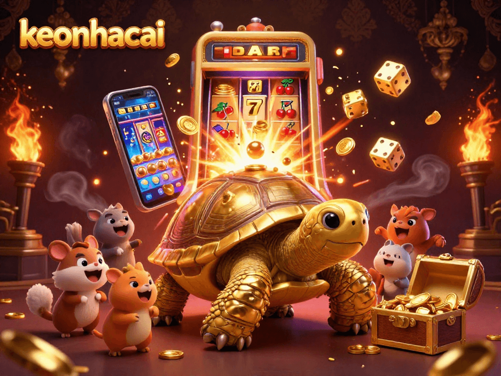 Engage with keonhacai and experience a lively casino scene featuring a golden tortoise pinball machine.