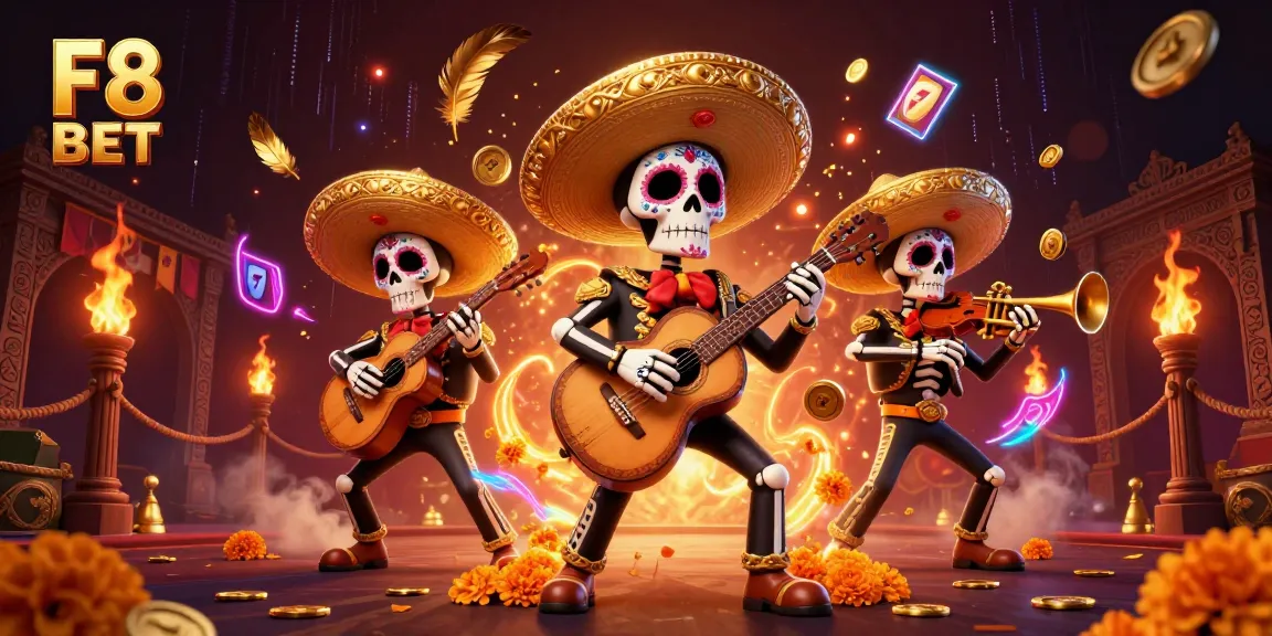 Experience exciting slot games at F8 BET with a vibrant mariachi band illustration.