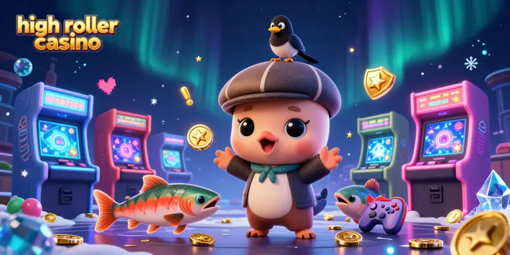 Play high roller casino games with engaging characters in a vibrant 3D scene.