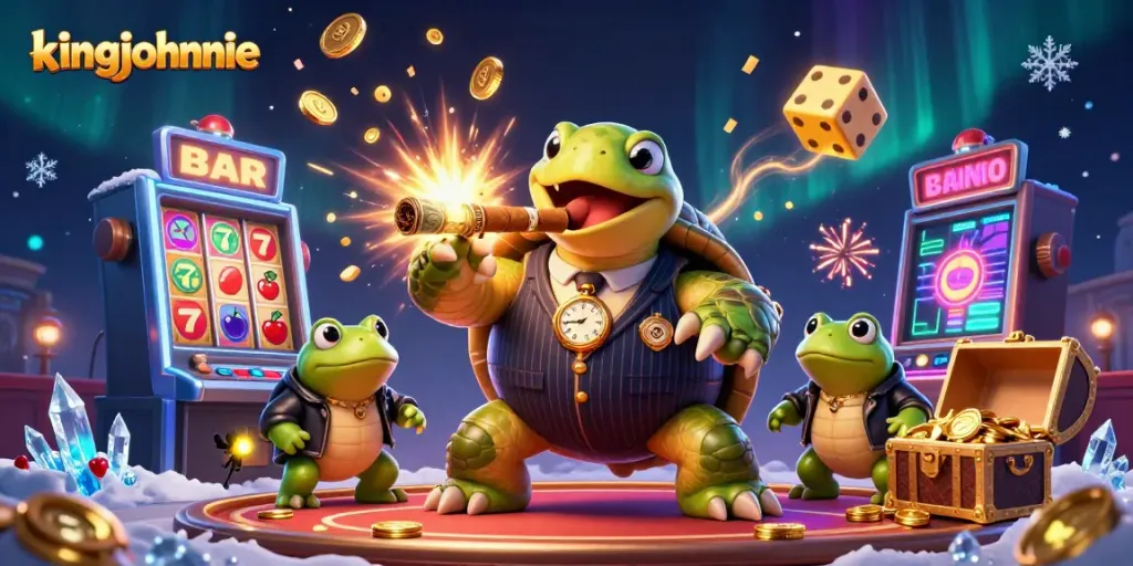 Experience thrilling gameplay at kingjohnnie with a vibrant, artistic scene showcasing massive slot machines and unique characters.