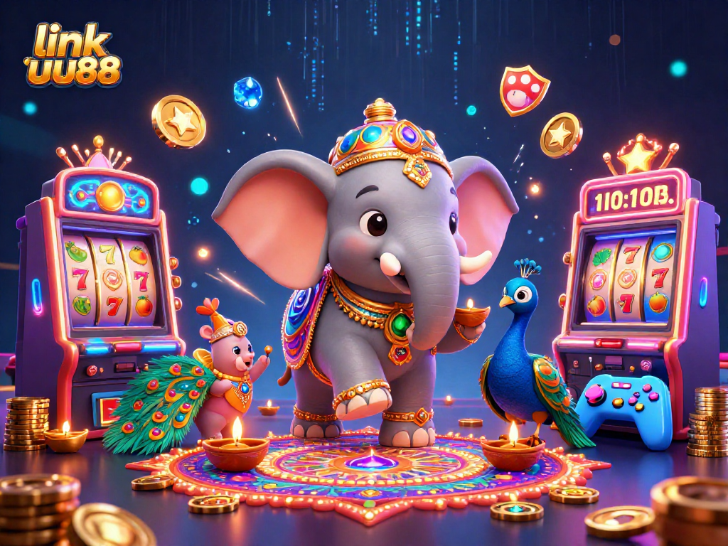 Experience winning gameplay at link uu88 with vibrant 3D slots and casino elements in a festive scene.