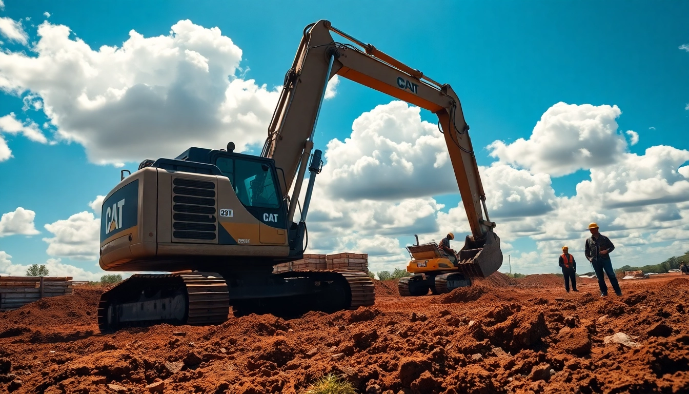 Excavator performing digging operations at a vibrant construction site with clear skies.