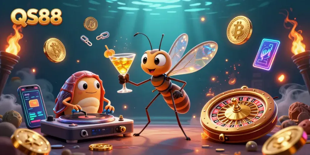 Engage with QS88's vibrant gaming atmosphere featuring a mosquito mascot and fossil DJ.