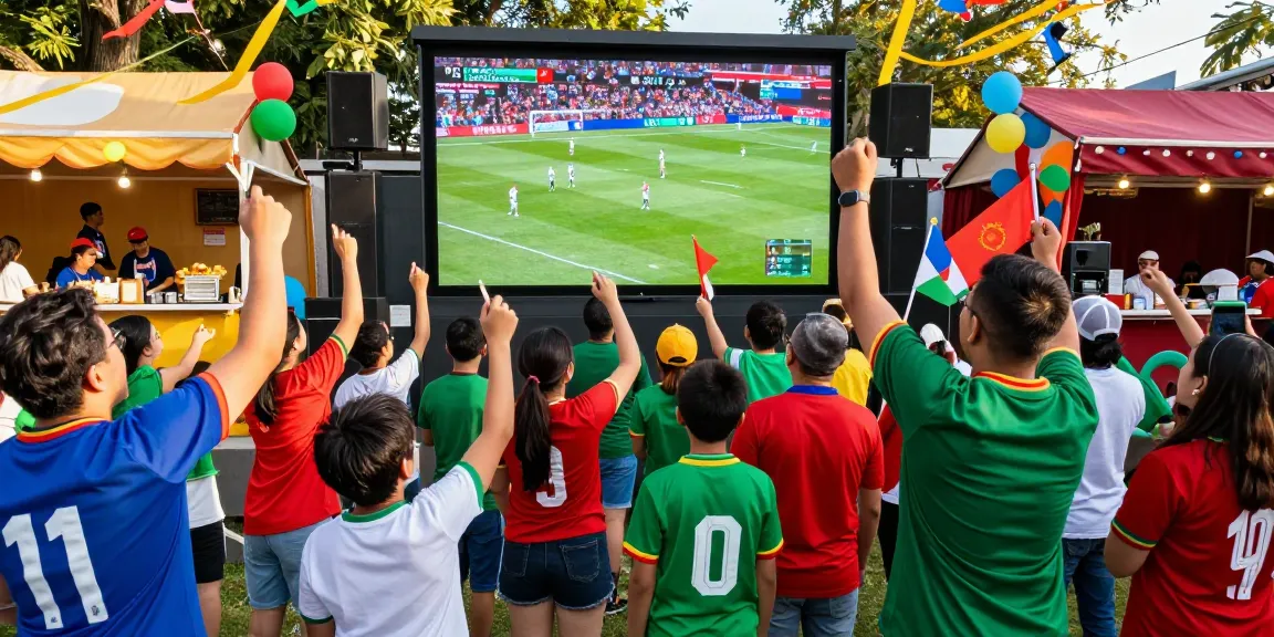 Suasana meriah penonton menonton Piala Dunia Tata4D di area terbuka, ramai dengan bendera, makanan, dan layar besar.