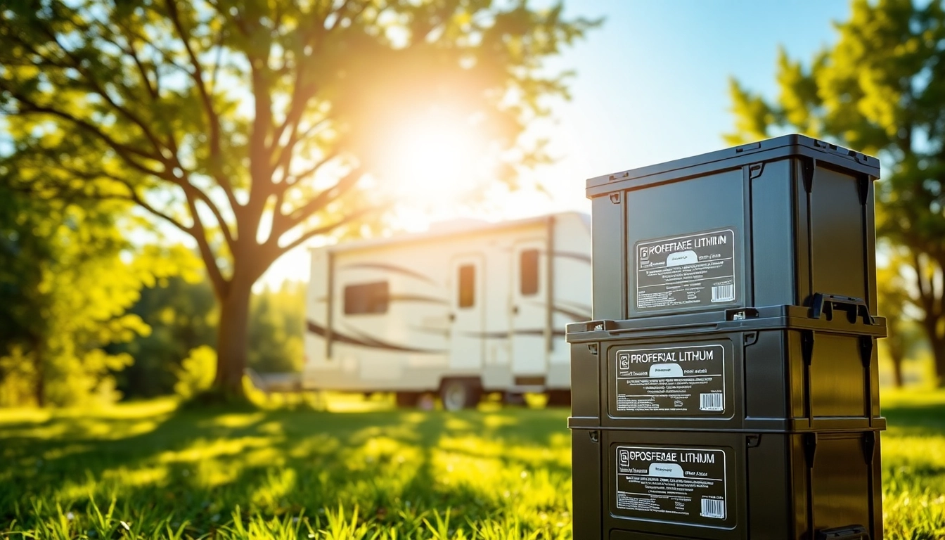 Showcase of lithium RV batteries in a sunny outdoor setting, highlighting their features and reliability.