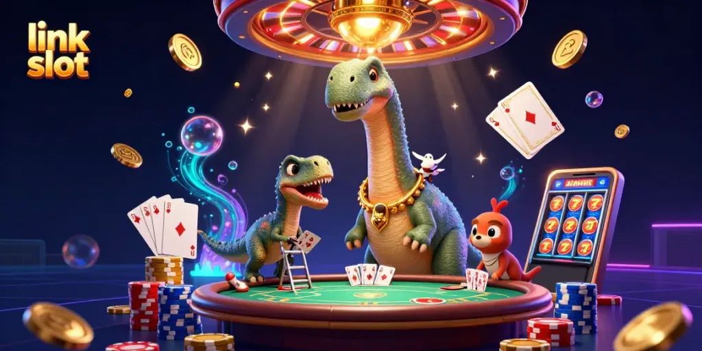 Jelajahi slot dengan peluang tinggi di link slot, dikelilingi koin emas dan kartu poker.