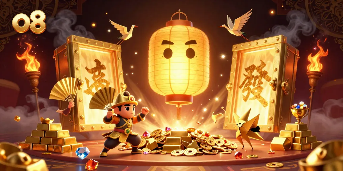 Experience the excitement at o8 with a golden lantern spirit amidst casino treasures and lucky symbols, celebrating wins!