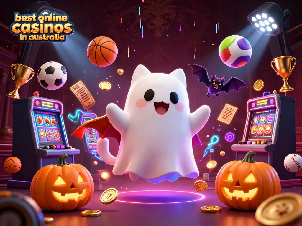 Experience the thrill of the best online casinos in Australia with a playful ghost cat and bat in a haunted casino.