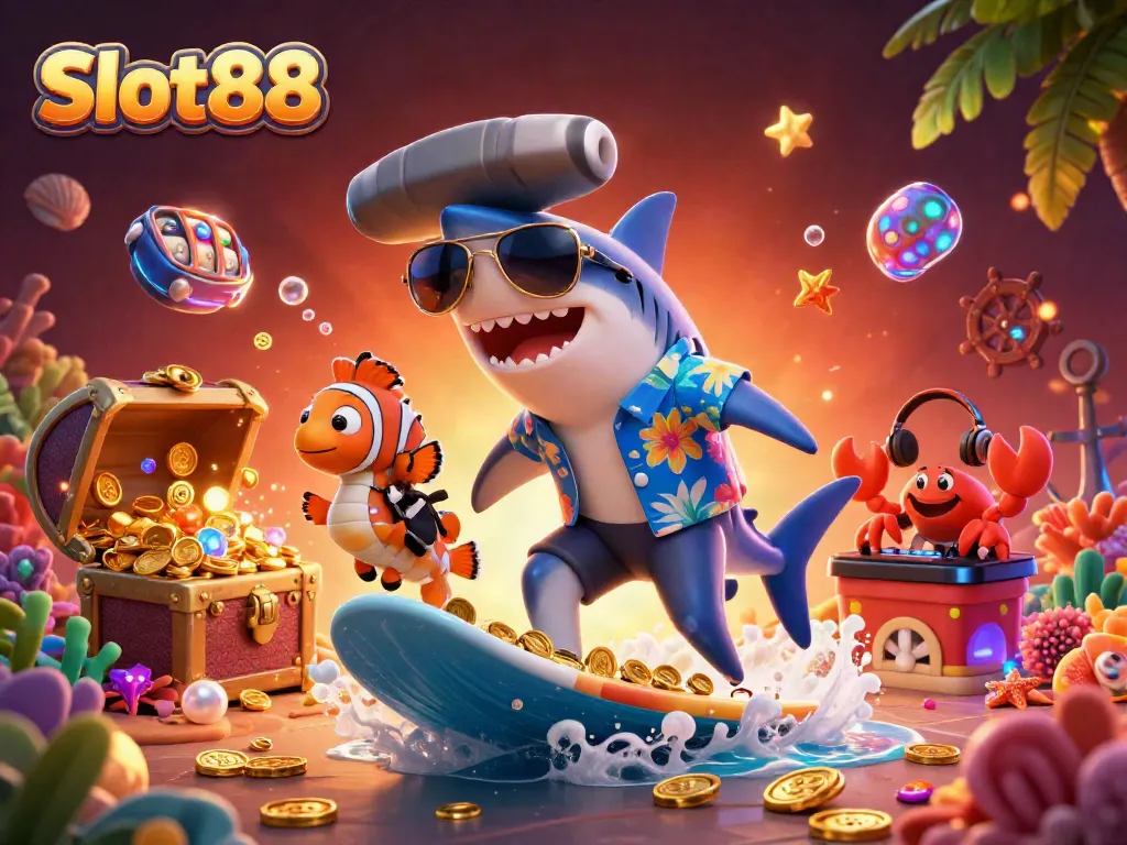 Visualisasikan Slot88 dengan hiu kartun 3D berselancar di koin emas, ikan badut, dan kepiting DJ.