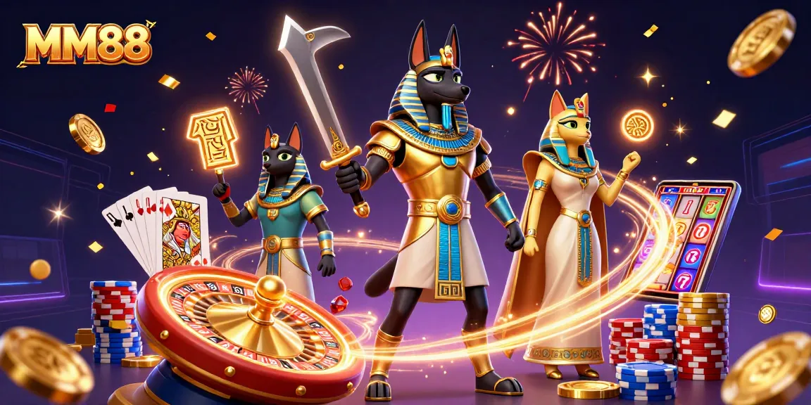 Bet on MM88 with Anubis and Bastet in this vibrant gaming chaos.