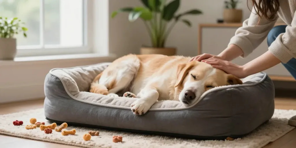 Calming dog treats laid out beside a relaxed dog in a cozy home setting.