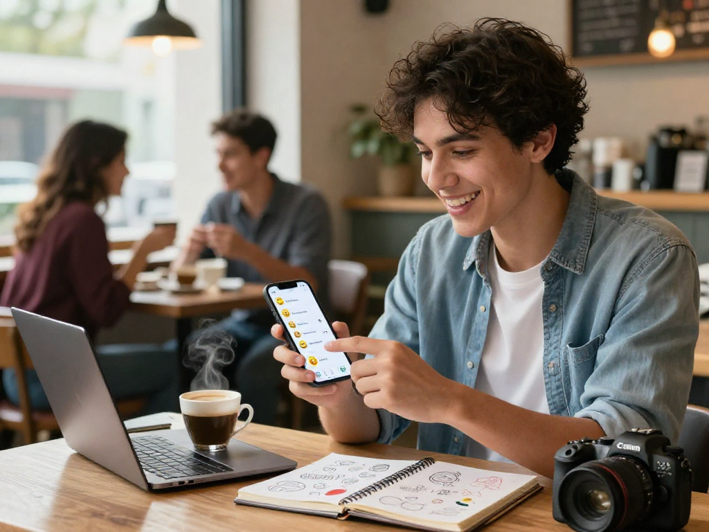 Engaged person chatting using spicy chat AI on smartphone in a cozy café.