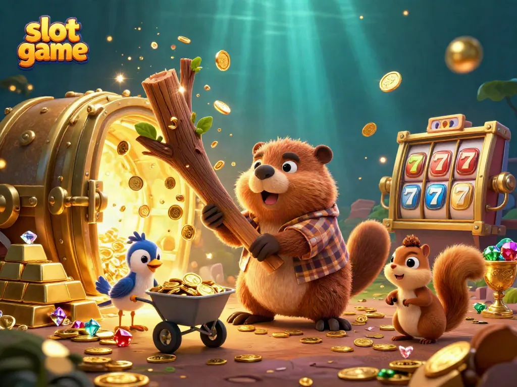 Spin the slot game with animated characters collecting golden coins in a vibrant casino environment