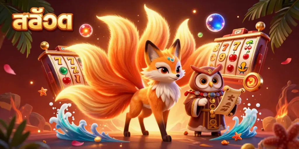 Experience the thrill ofสล็อต with a vibrant scene featuring a glowing fox spirit, wise owl, and spinning slot reels.