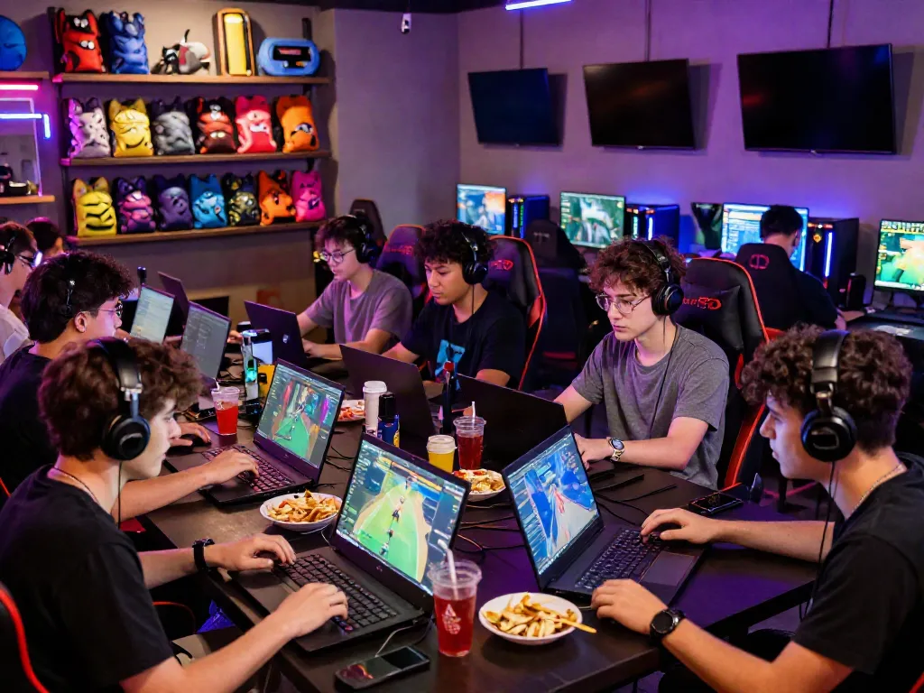 A total noob enjoying a vibrant gaming café atmosphere, playing with friends and surrounded by gaming merchandise.