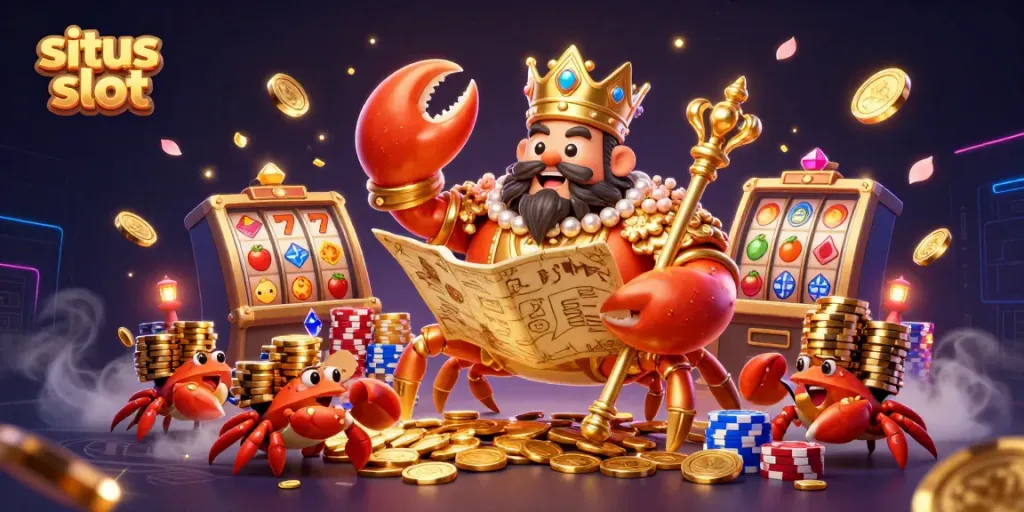 Gambar ilustrasi 3D situs slot yang menampilkan ketam emas raksasa bersama pelayannya di kasino.