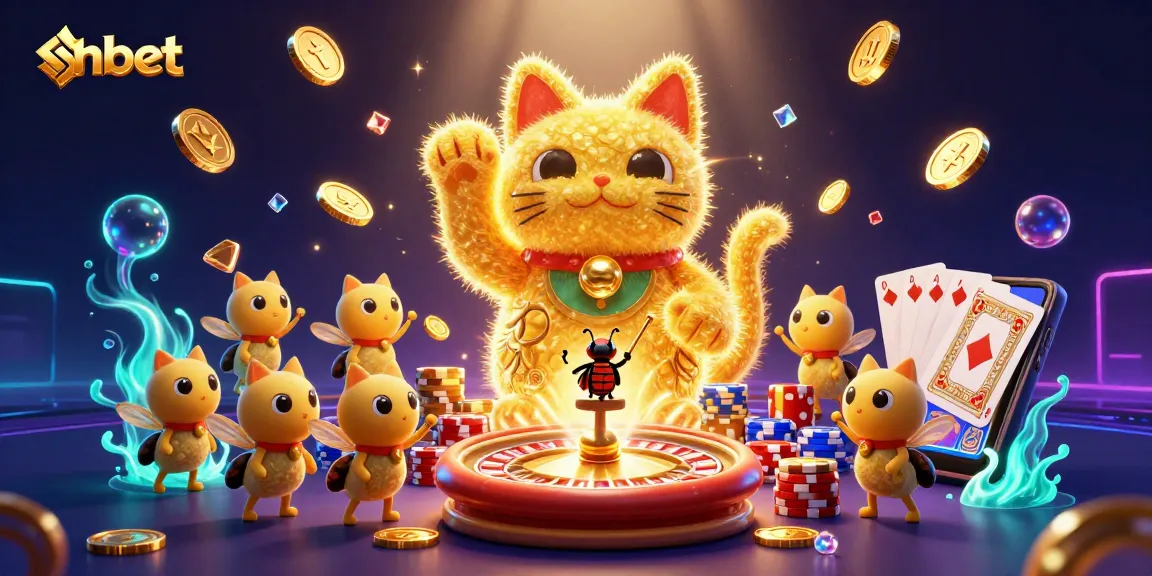 Experience shbet's vibrant gaming scene featuring a lucky cat and casino symbols.