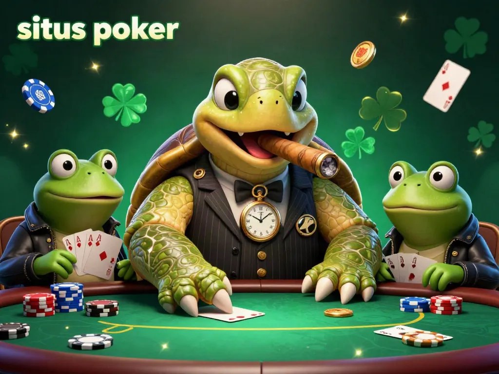 Mainkan situs poker dengan turtle dan bullfrog di meja judi sebagai latar.