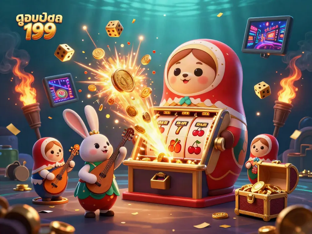 Experience the thrilling world of online gambling with ดูบอลสด 199, featuring cartoon bears, slot machines, and festive casino elements.