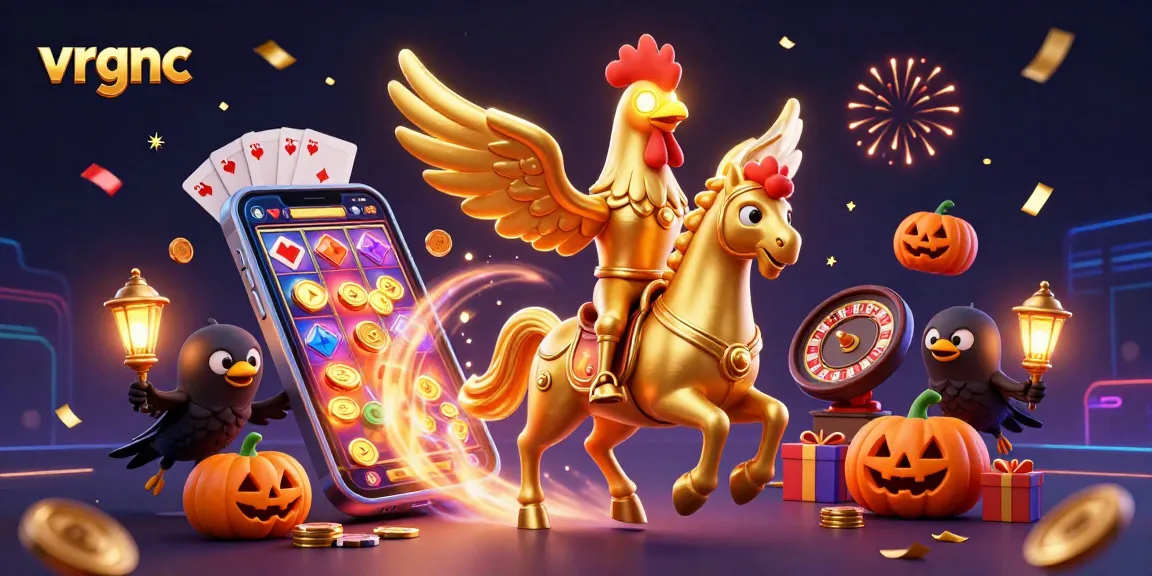Experience thrilling slot action with vrgnc's vibrant golden rooster and companions in a casino.